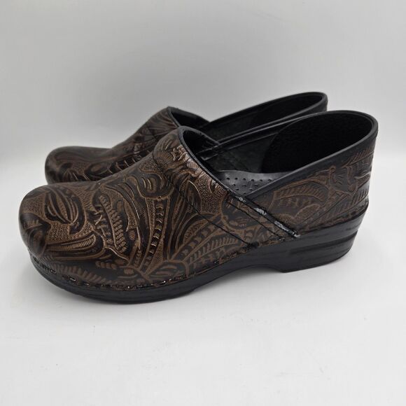 Dansko Professional Clogs Brown Tooled Embossed Floral Leather Size 40 US 10 VTG - Picture 1 of 10